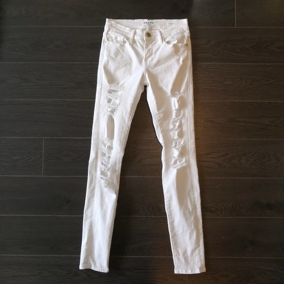 Frame Denim Le Skinny de Jeanne Jeans in Blanc White with Heavy Distressing 24 - Picture 1 of 13
